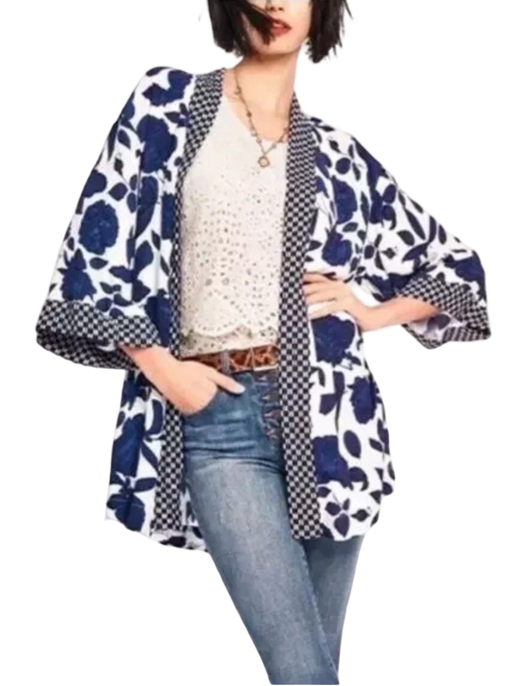 Cabi Botanical Kimono Jacket 5661 Blue White Floral Open Front Casual Layer Boho